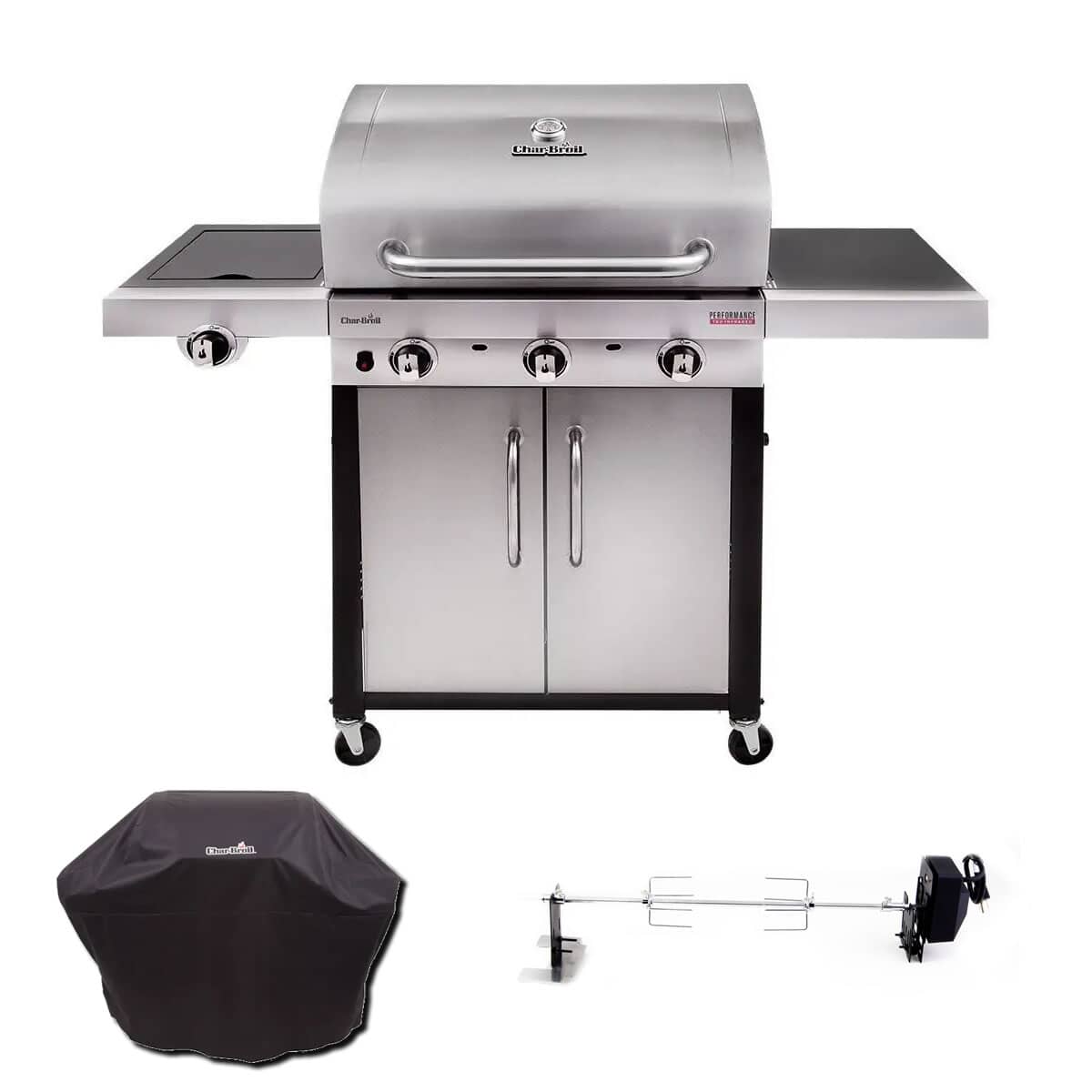 Char Broil Performance 340 Steel Gas BBQ With Cover And Rotisserie Pack