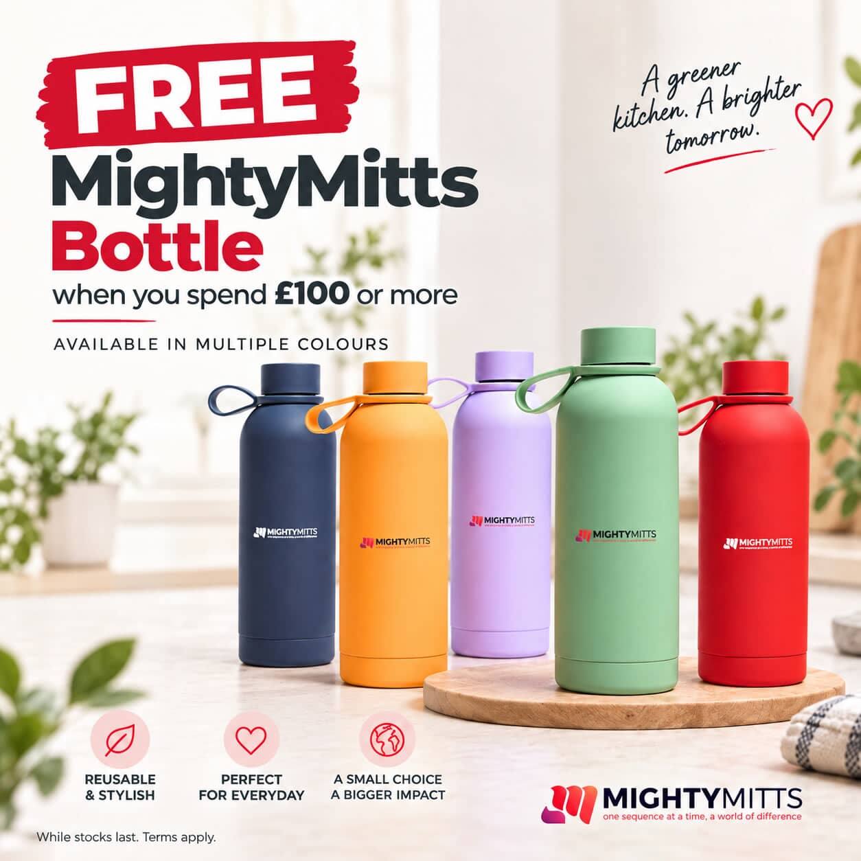 Free Mighty Mitts Water Bottle &pound;100 or more