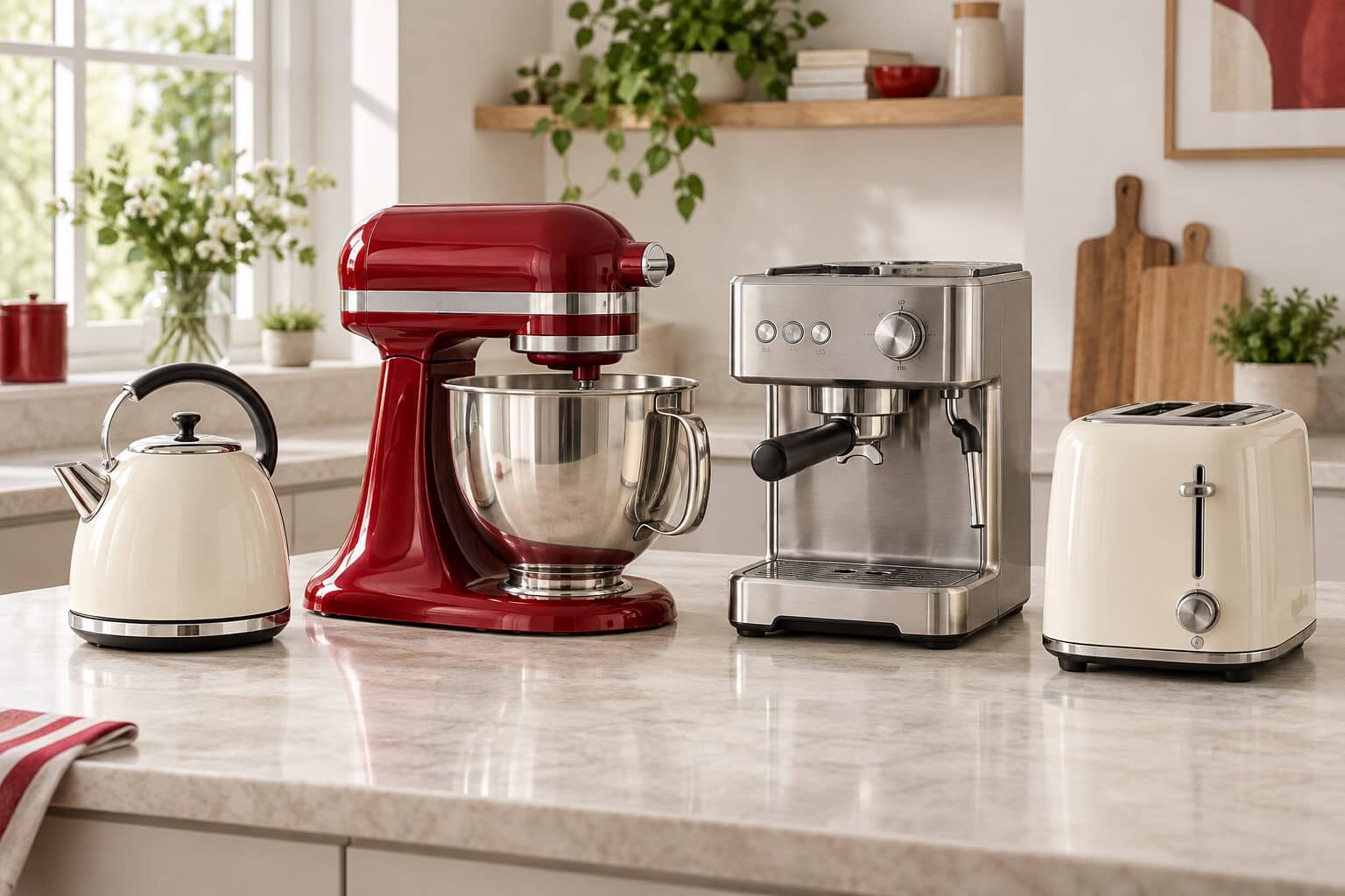 Stand mixer, espresso machine, kettle and toaster in the kitchen electrical sale