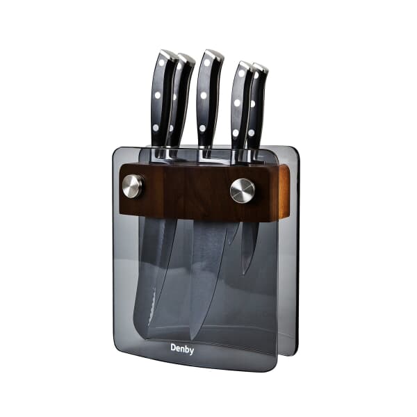 Denby 5 Piece Knife Block Set With Smoked Glass