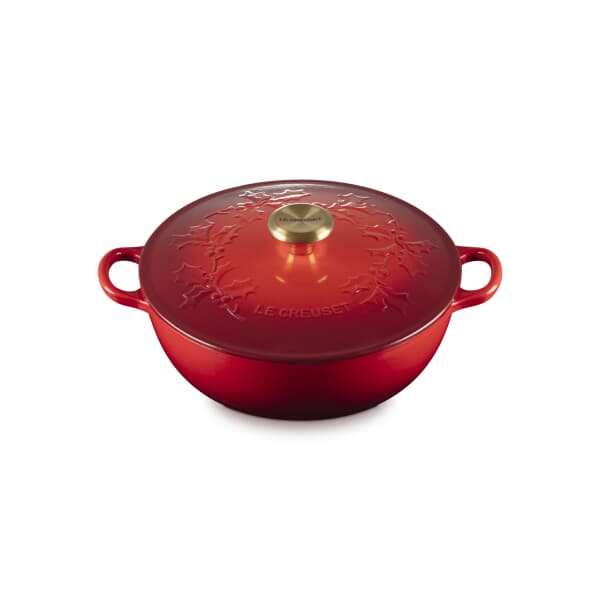 Le Creuset Signature Cast Iron 26cm Christmas Holly Soup Pot Cerise