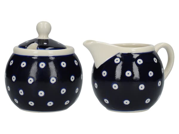 London Pottery Sugar and Creamer Set Blue and White Circle