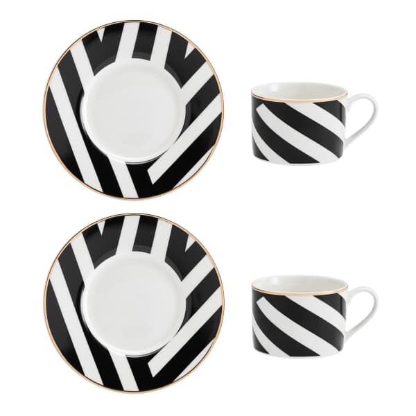 Mikasa Luxe Deco China Tea Cups and Saucers Geometric Stripe Set of 2 200ml