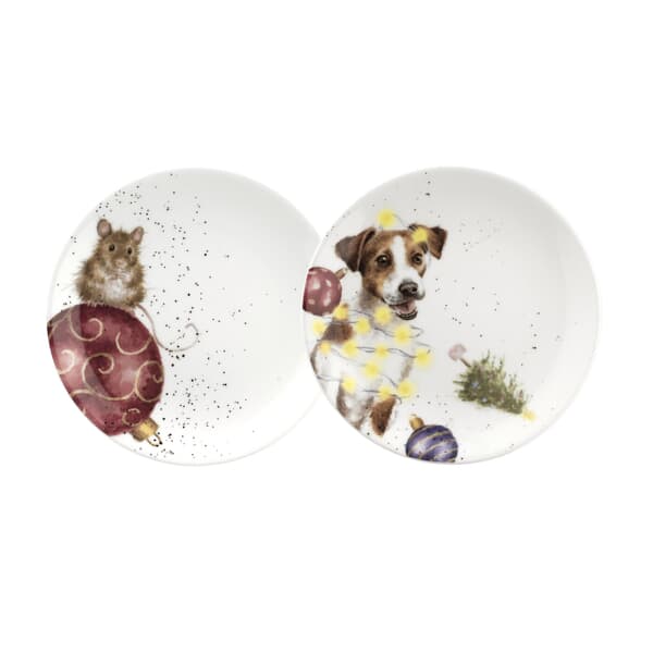 Wrendale Christmas Coupe Plates - Mouse And Dog