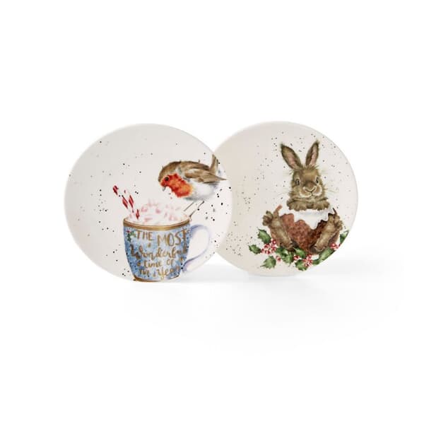 Wrendale Christmas Coupe Plates - Robin And Bunny