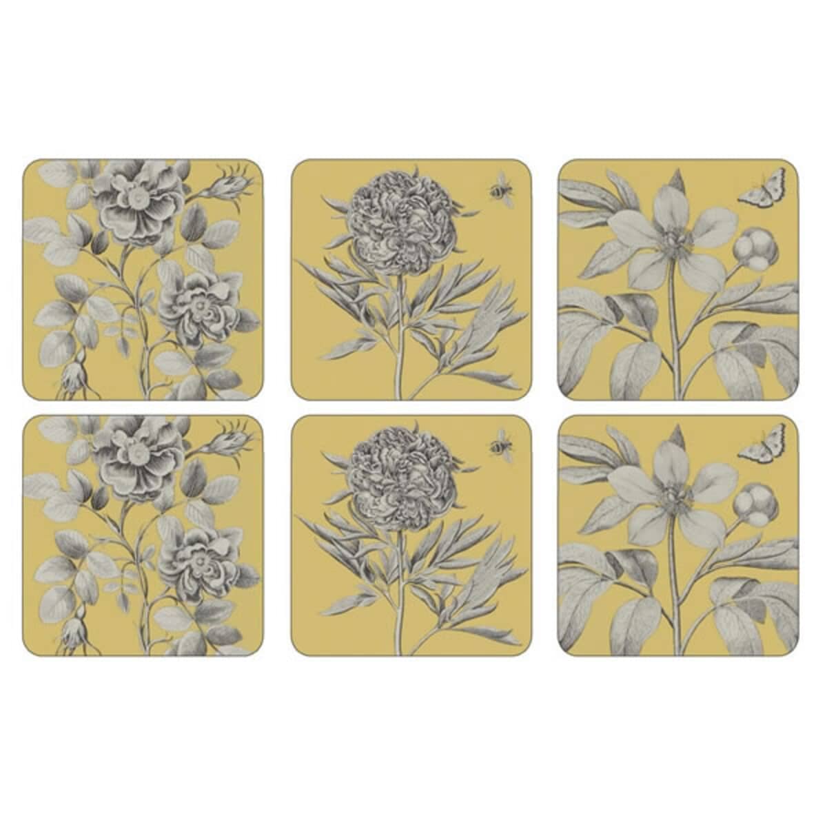Portmeirion Pimpernel Etchings And Roses Yellow Coasters Set Of 6