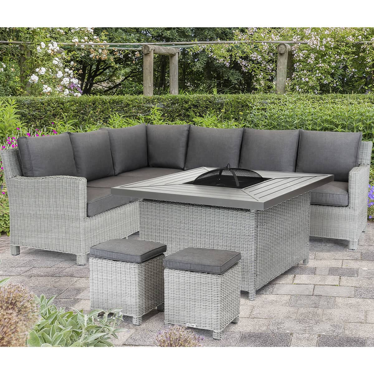 Kettler Palma Corner Set (RH) - Whitewash with Square Charcoal Fire Pit Table