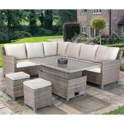 Kettler Signature Palma Corner Sofa RH Casual Dining Set with High/Low Glass Top Table Oyster