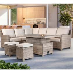 Kettler Signature Palma Corner Sofa RH Casual Dining Set with High/Low Slat Top Table Oyster