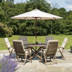 Alexander Rose Sherwood 6 Seat Round Dining Table Set with Recliner Chairs and Parasol
