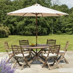 Alexander Rose Sherwood 6 Seat Round Dining Table Set with Folding Carver Chairs and Parasol
