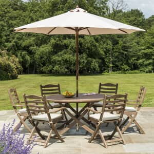 Alexander Rose Sherwood 6 Seat Round Dining Table Set with Folding Carver Chairs and Parasol