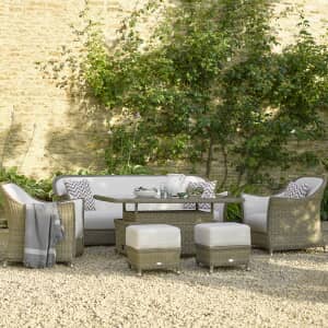 Bramblecrest Monte Carlo 3 Seat Sofa with Adjustable Rectangle Casual Dining Table 2 Sofa Armchairs and 2 Stools