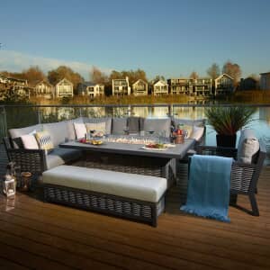 Bramblecrest Portofino Large Rectangle Sofa with Firepit Casual Dining Table Bench  Chair - Cobble