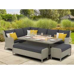 Bramblecrest Chedworth Dove Grey Rattan L-Shape Sofa with Rectangle Firepit Table and 2 Benches