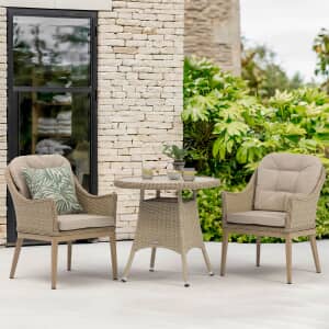 Bramblecrest Monterey Vogue 80cm Round Bistro Set with Deluxe Vogue Armchairs In Sandstone