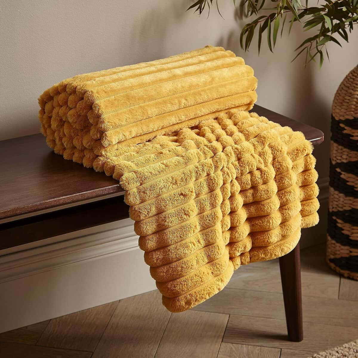 Catherine Lansfield Cosy Ribbed Throw Mustard large