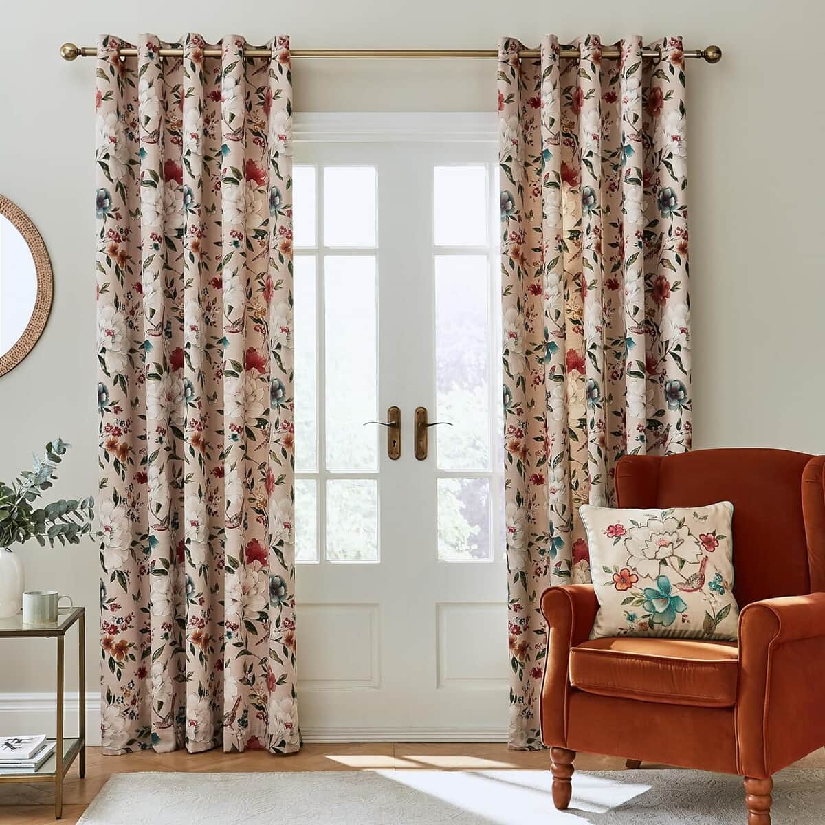 Catherine Lansfield Pippa Floral Birds Natural Curtains large