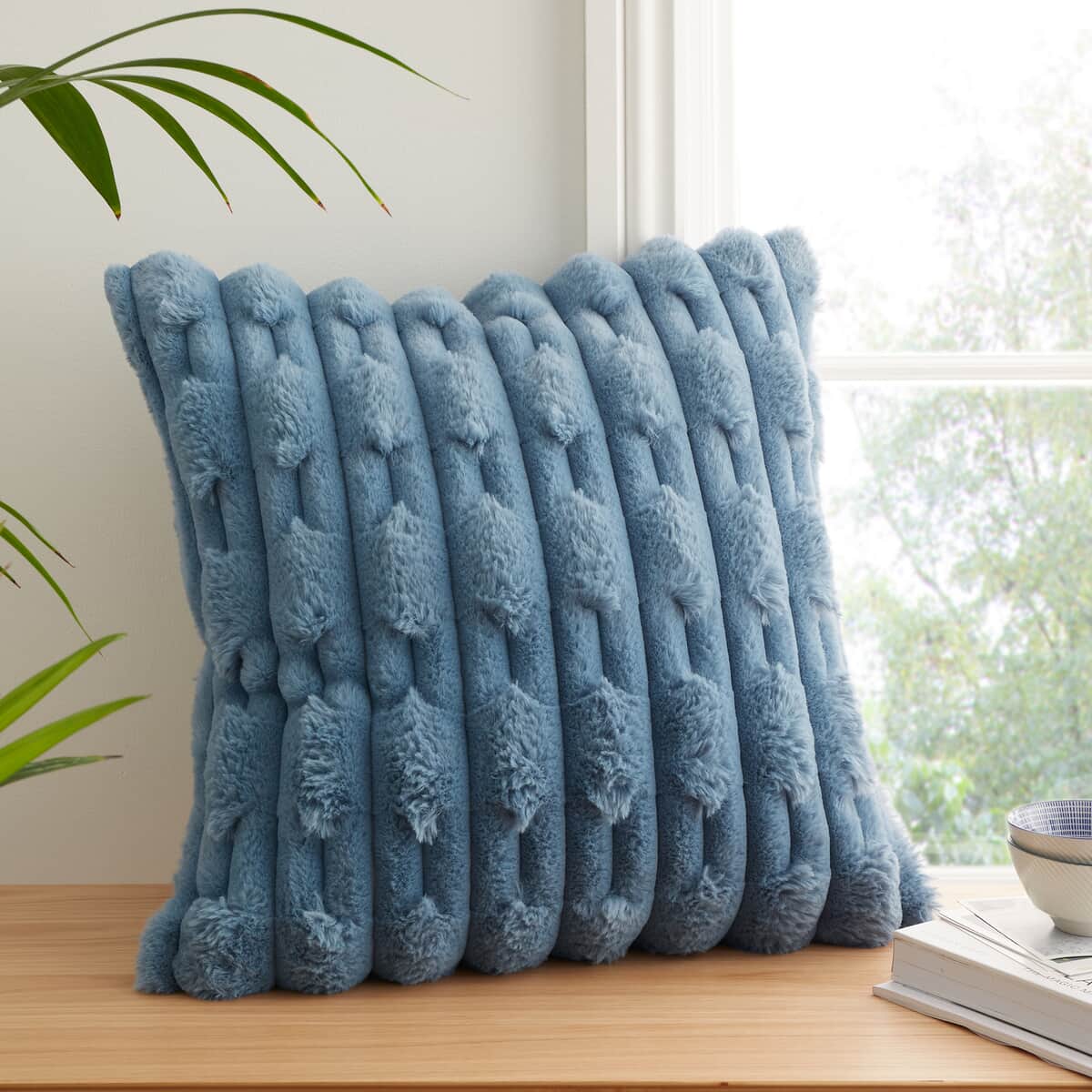 Bianca Carved Faux Fur Blue Cushion large
