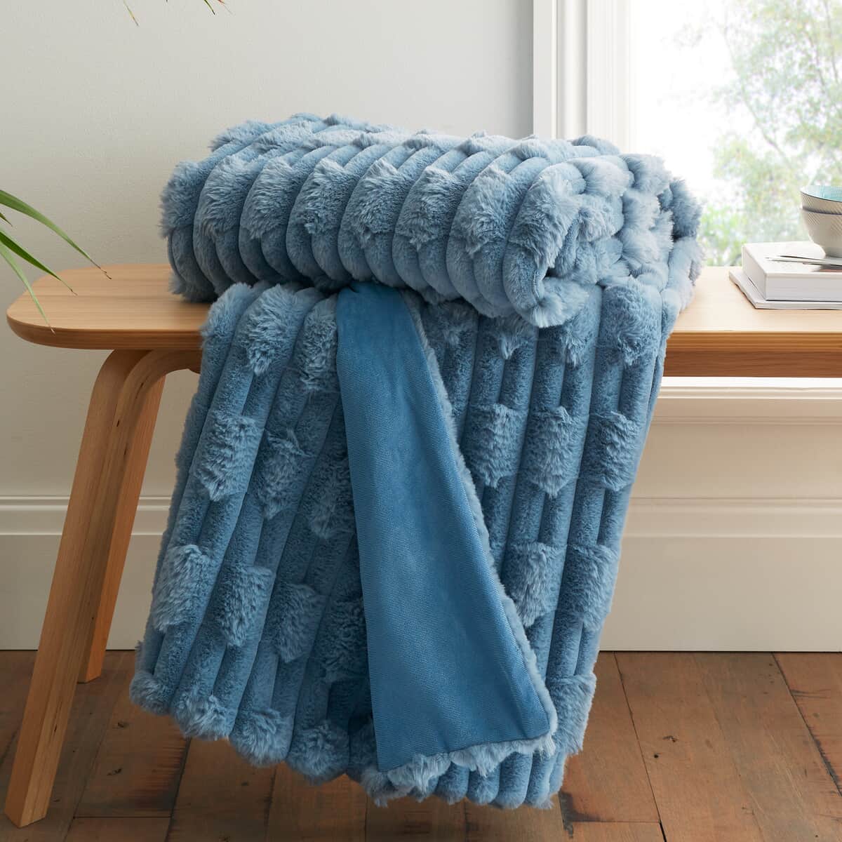 Bianca Carved Faux Fur Blue Throw large