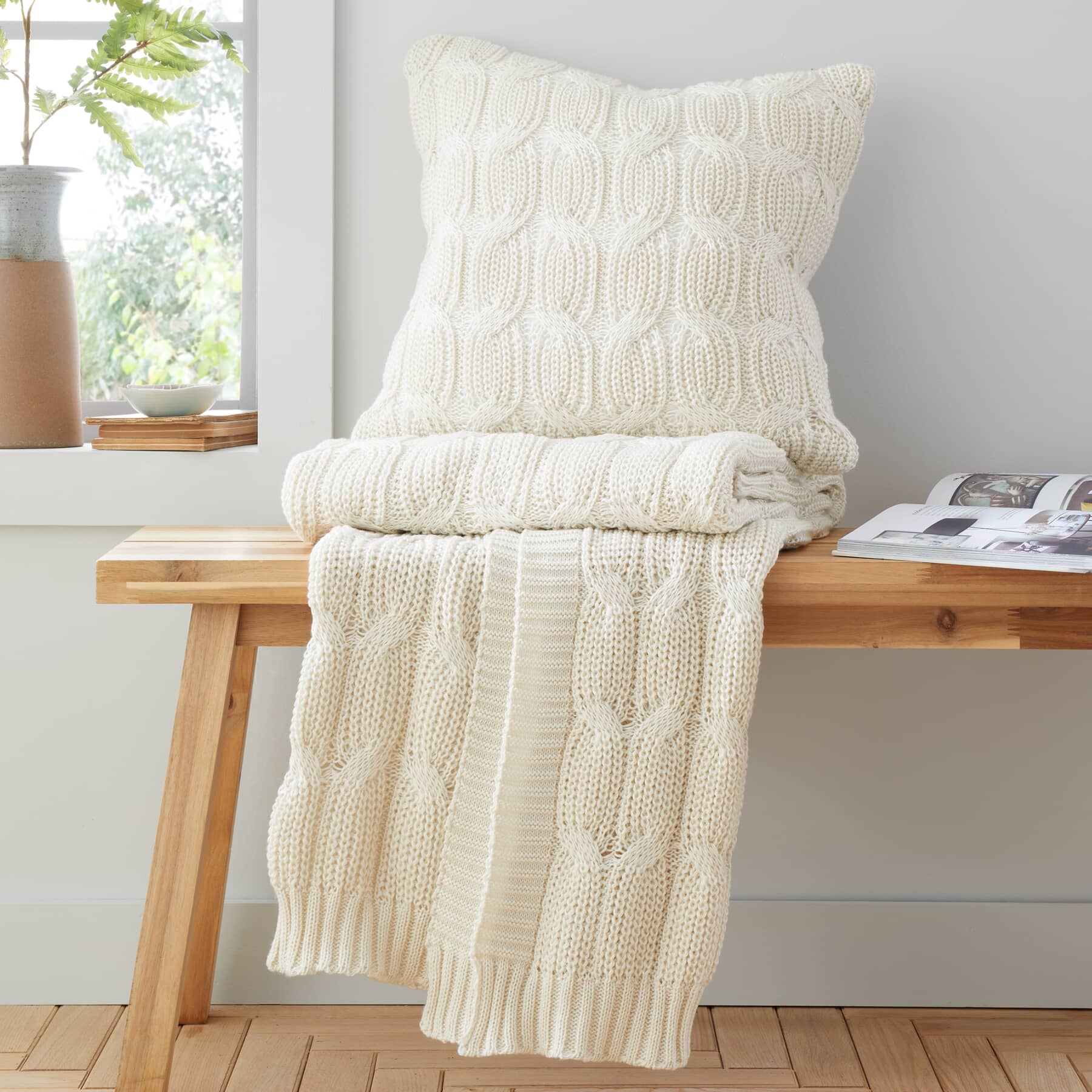 Catherine Lansfield Chunky Marl Knit Cushion Cream JustLinen