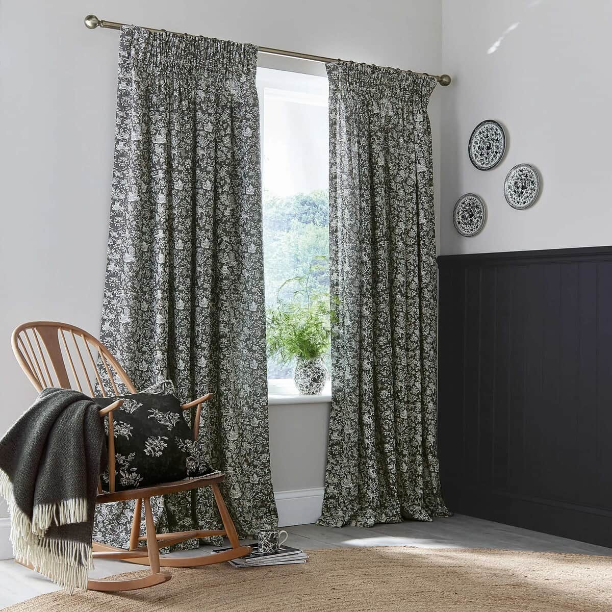 Burleigh Regal Peacock Charcoal/White Curtains large