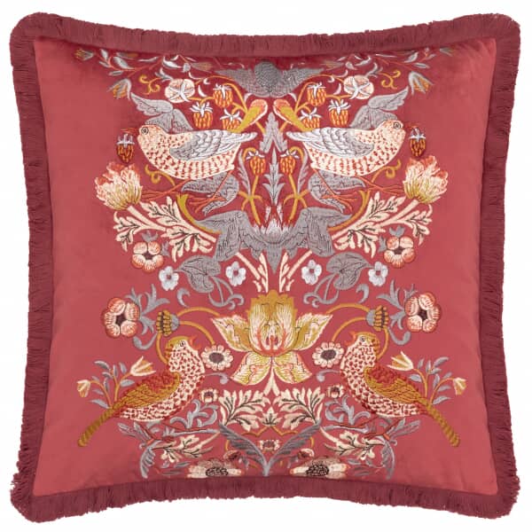 Strawberry Thief Embroidery Cushion Berry