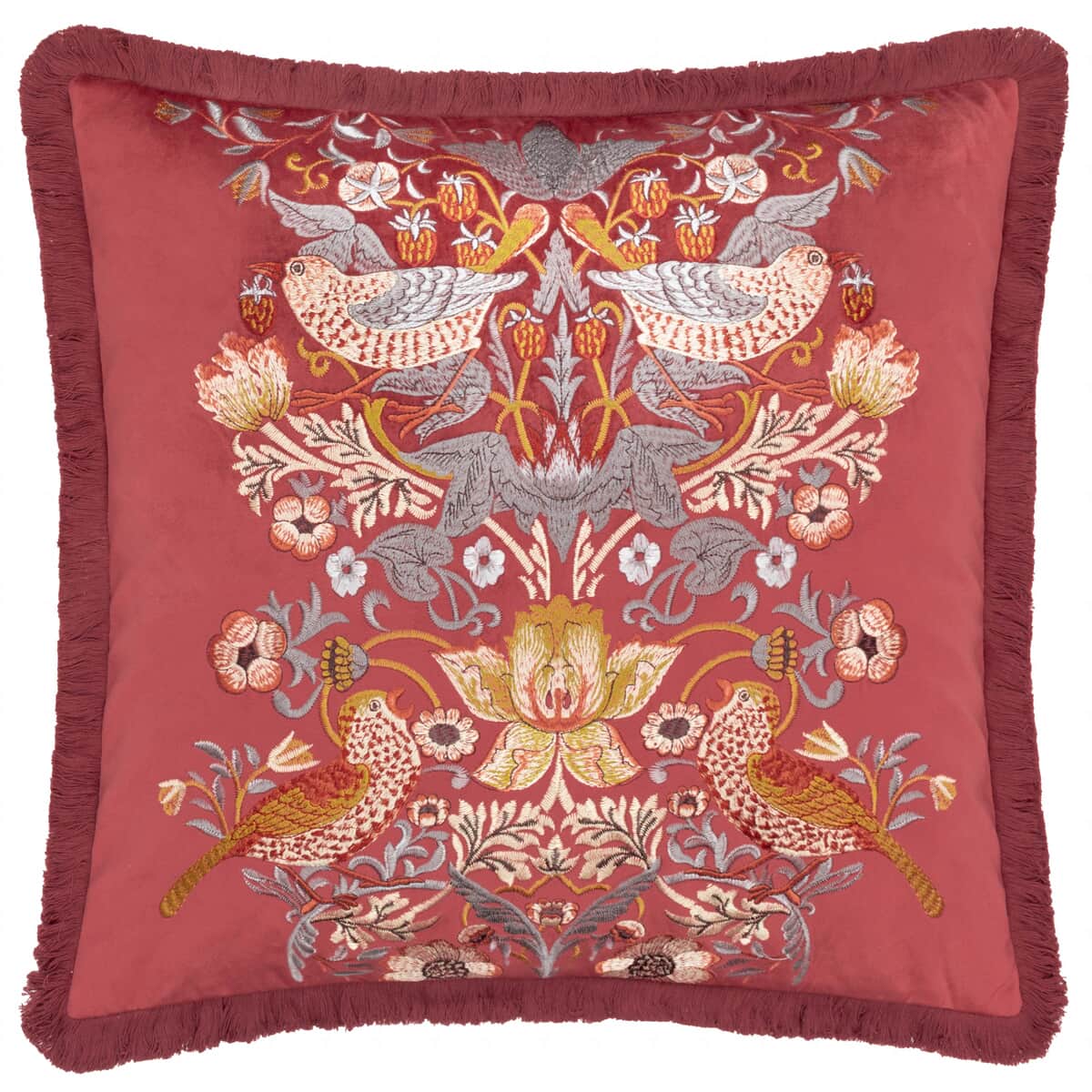 Morris and Co Strawberry Thief Embroidery Cushion Berry large