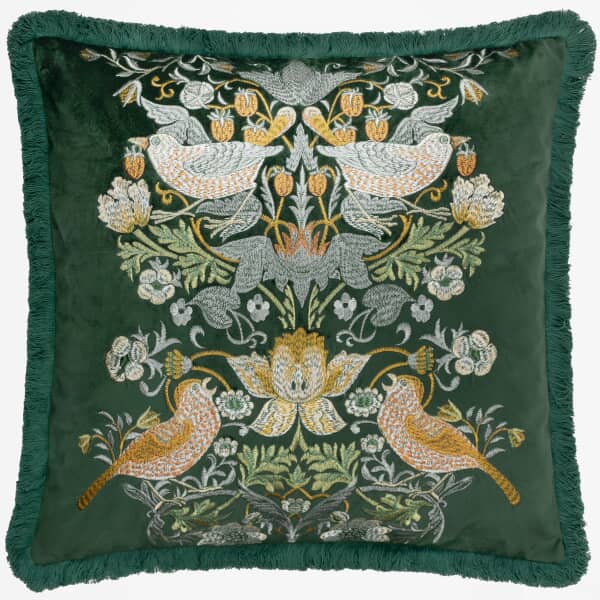 Strawberry Thief Embroidery Cushion Forest Green