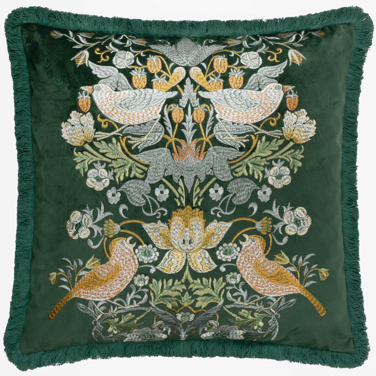 Morris and Co Strawberry Thief Embroidery Cushion Forest Green large