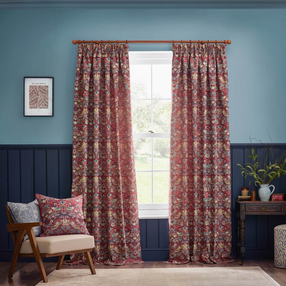 Morris and Co Strawberry Thief Jacquard Curtains Berry large
