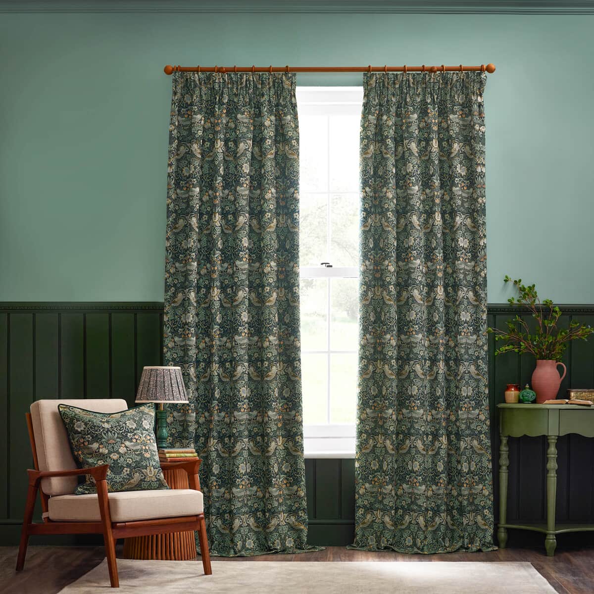 Morris and Co Strawberry Thief Jacquard Curtains Forest Green large