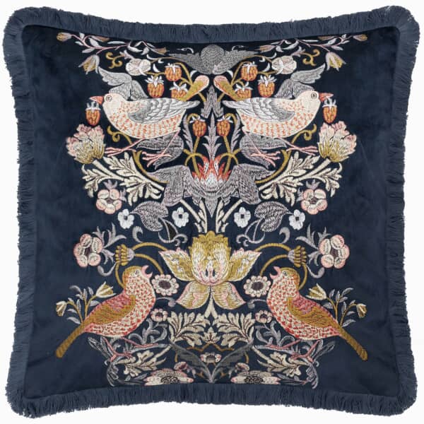 Strawberry Thief Embroidery Cushion Indigo