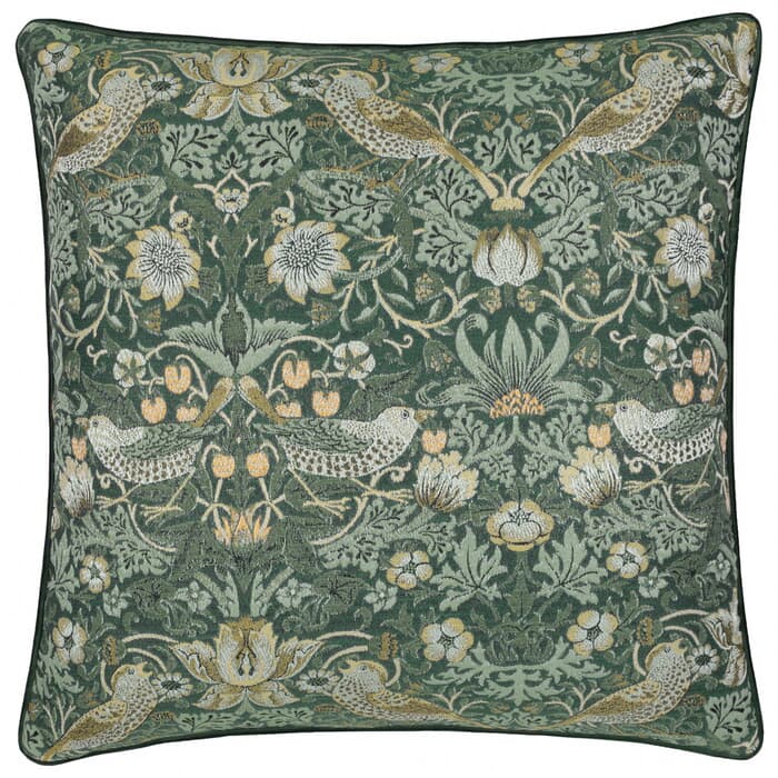 Morris & Co Strawberry Thief Jacquard Cushion Forest Green large