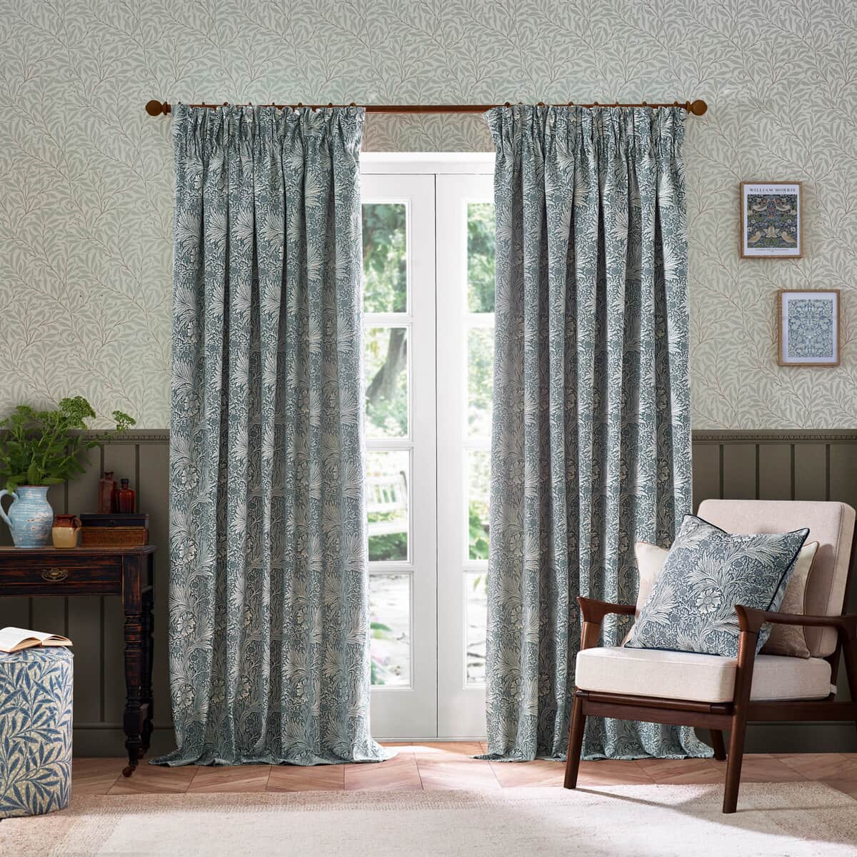 Morris and Co Marigold Curtains Indigo large