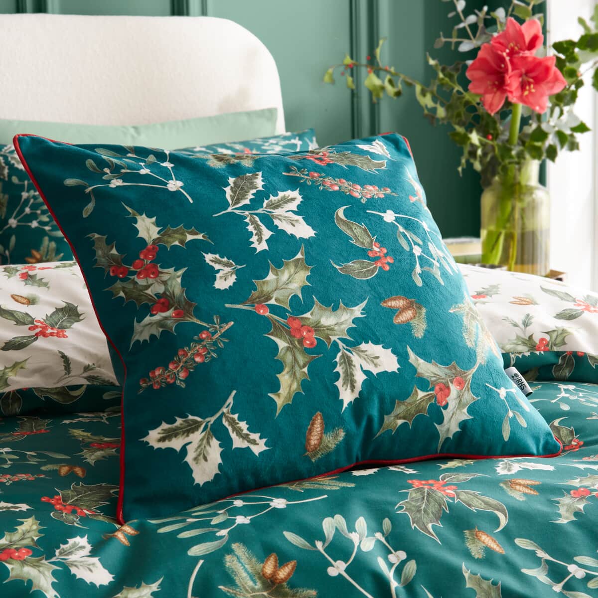 RHS Winter Foliage Green Filled Cushion large
