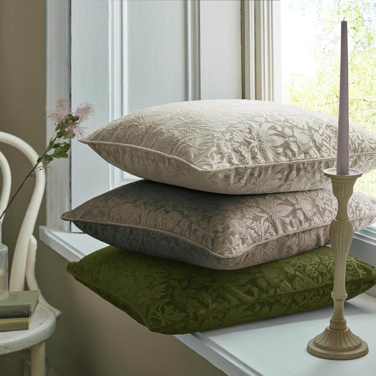 William Morris at Home Strawberry Thief Embossed Cushion Porcini large