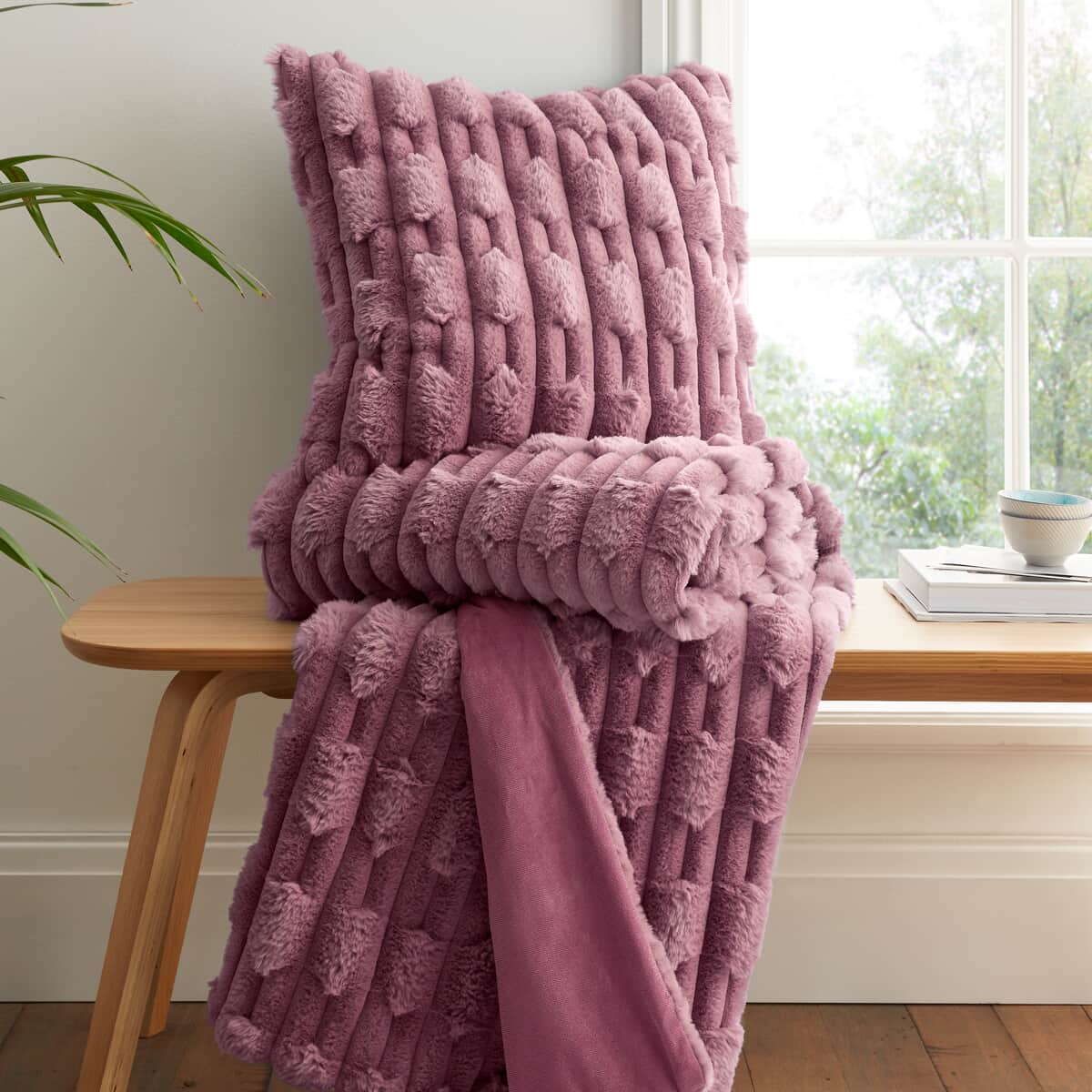 Bianca Carved Faux Fur Pink Cushion large
