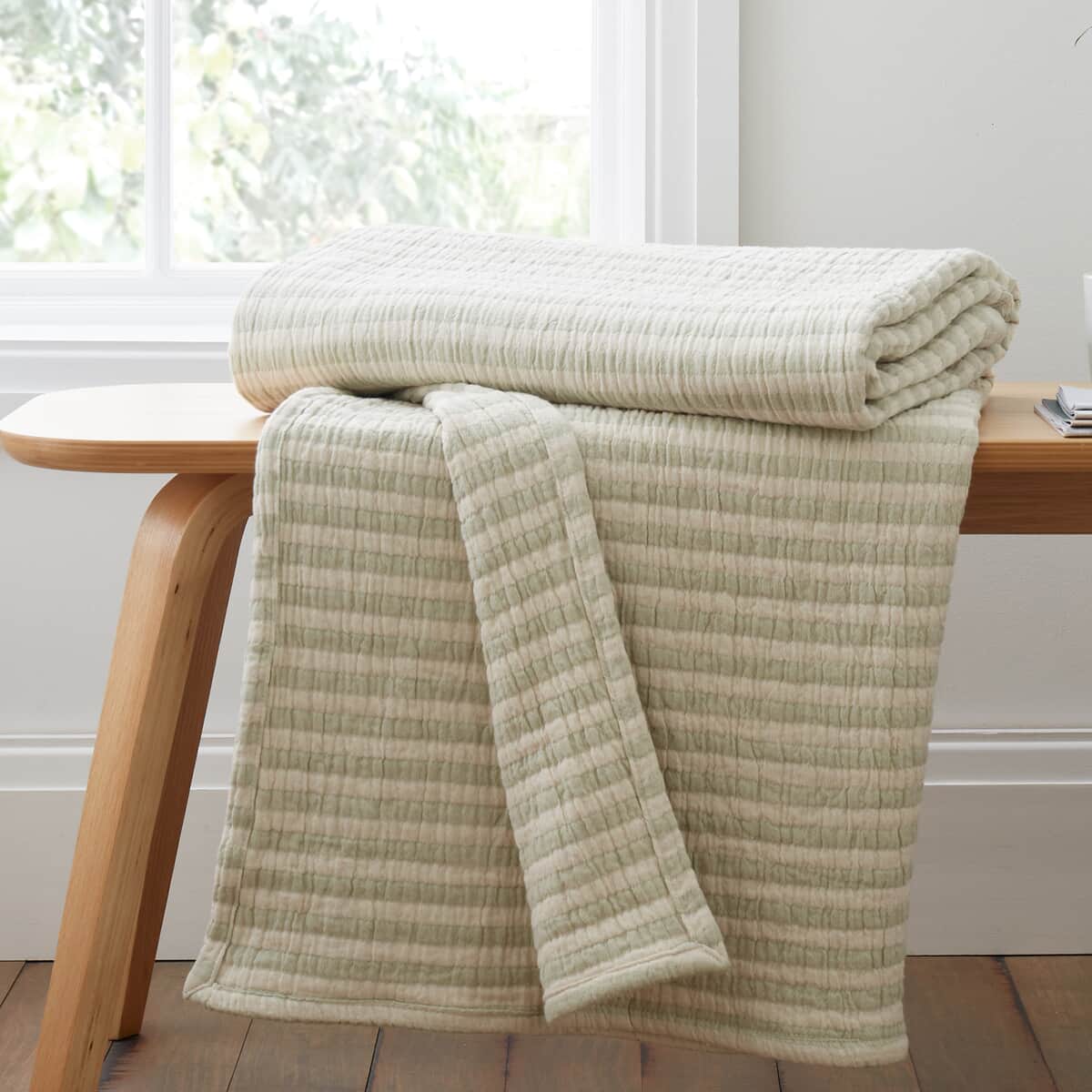 Bianca Cotton Muslin Stripe Throw Green large